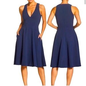 DRESS THE POPULATION navy blue Catalina crepe v-neck fit-and-flare dress XXL